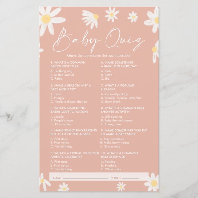 Quiz Baby Shower Game, Daisy Baby Shower Game (Front)