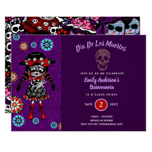 QUNICEANERA Day of The Dead Sugar Skull Sweet 16 Invitation