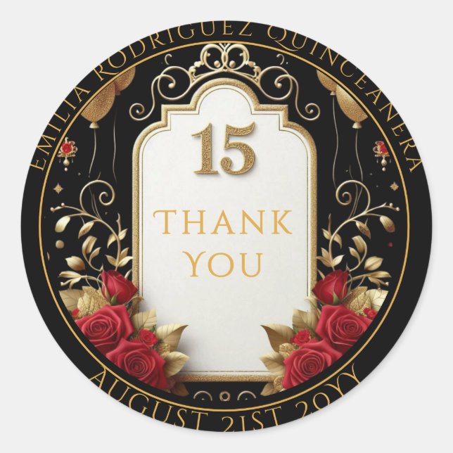 Quniceanera Favour Gifts Red Roses Floral Thank Yo Classic Round Sticker (Front)