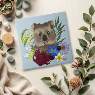 Quokka Happy Australia Floral Blue Ceramic Tile