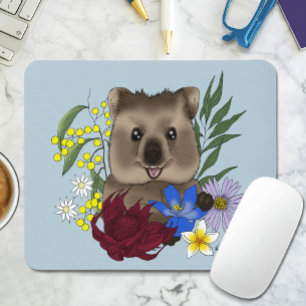 Quokka Happy Australia Floral Blue Mouse Pad