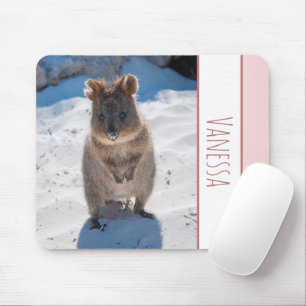 Quokka on the Beach, Pink Girls Personalised Mouse Pad