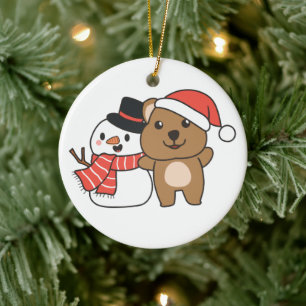 Quokka With Snowman In Winter At Christmas Ceramic Ornament