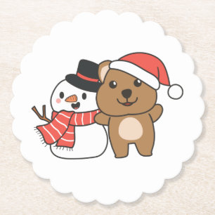 Quokka With Snowman In Winter At Christmas Paper Coaster
