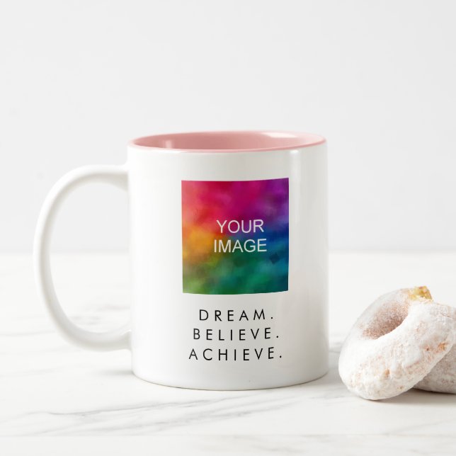 Quote Dream Believe Achieve Success Custom Text Two-Tone Coffee Mug (With Donut)