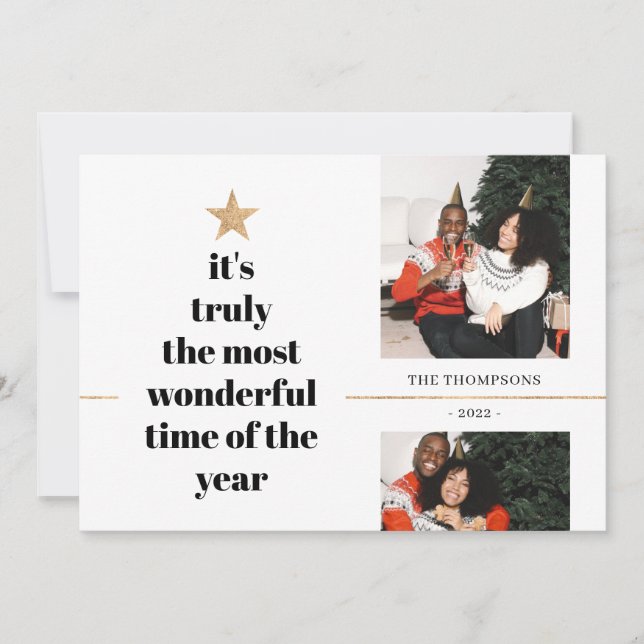 Quote Family Photo Minimalist Gold Glitter Tree Holiday Card (Front)