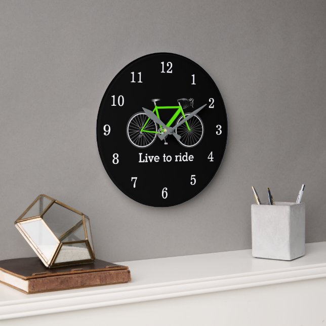 Quote With Green Bicycle On Black Large Clock (Office)