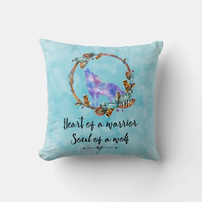 Quote with Howling Wolf in a Boho Wreath Cushion (Front)
