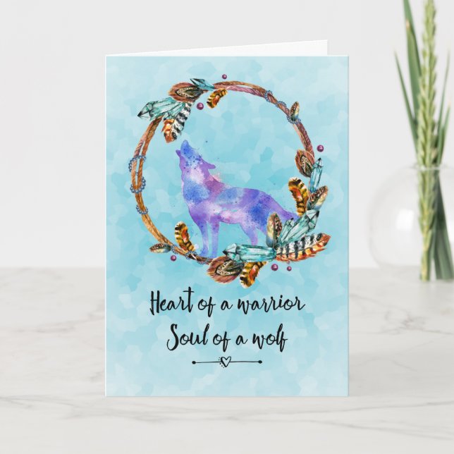 Quote with Howling Wolf in a Boho Wreath Thank You Card (Front)