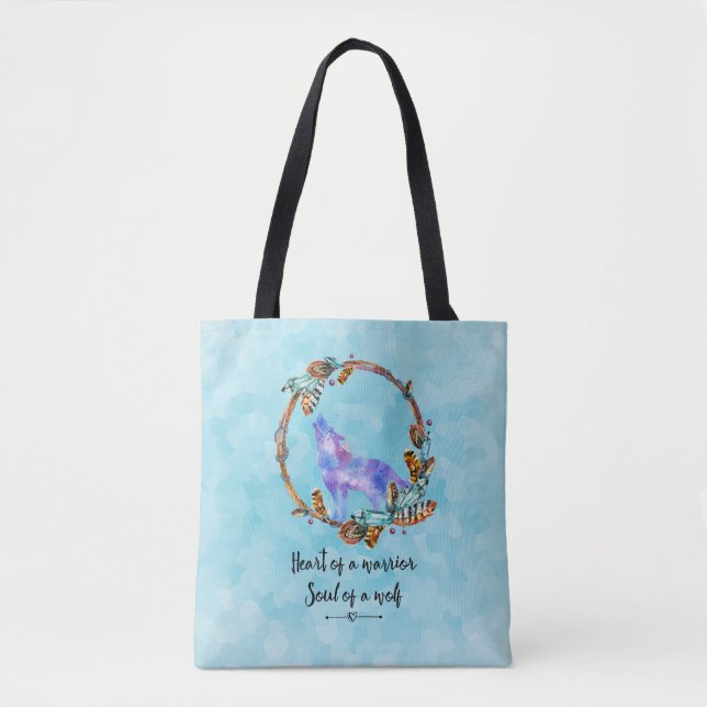 Quote with Howling Wolf in a Boho Wreath Tote Bag (Front)