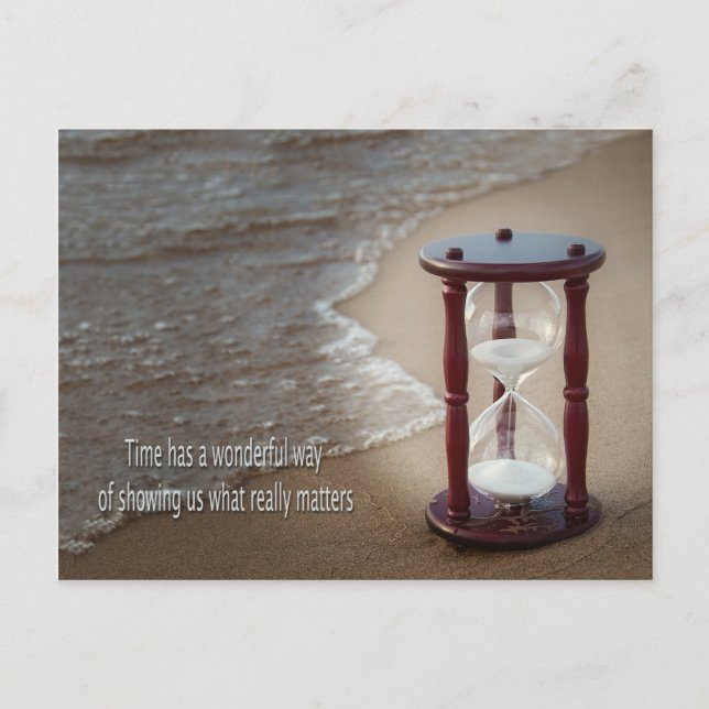 Quote with sand timer on beach holiday postcard (Front)