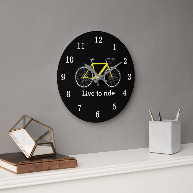 Quote With Yellow Bicycle On Black Large Clock (Office)