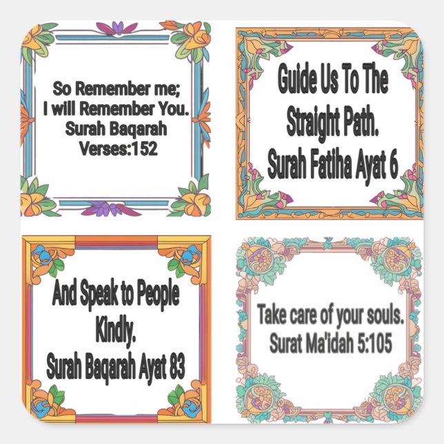 Quran Verses With Flower Square Frame 4 Pack Stick Sticker (Front)