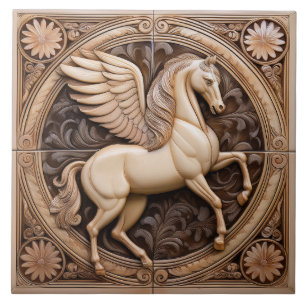 R Beige faux relief Art Nouveau Winged Horse Ceramic Tile