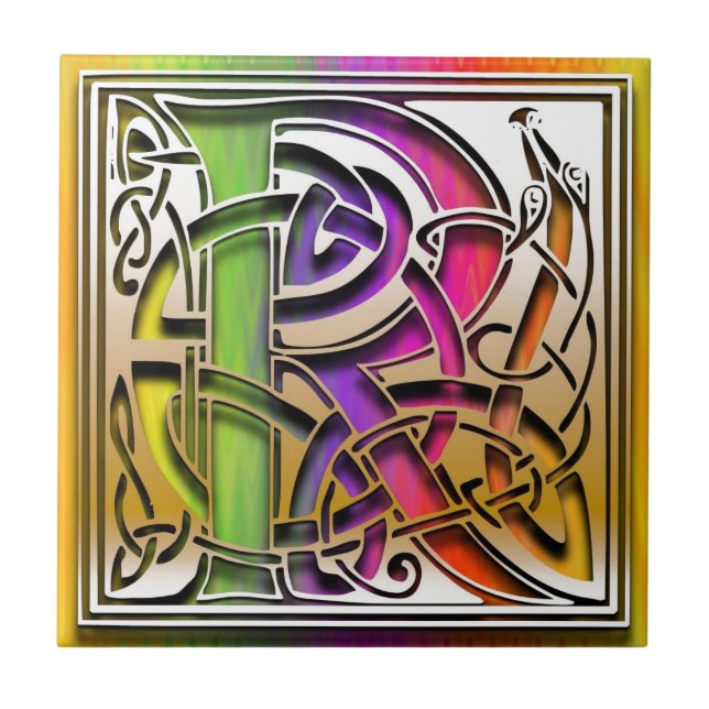 R Celtic Rainbow Custom Monogram Tile (Front)