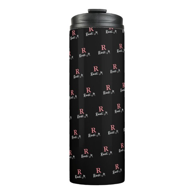 R custom Pink Monogram Stamped allover Black Thermal Tumbler (Front)