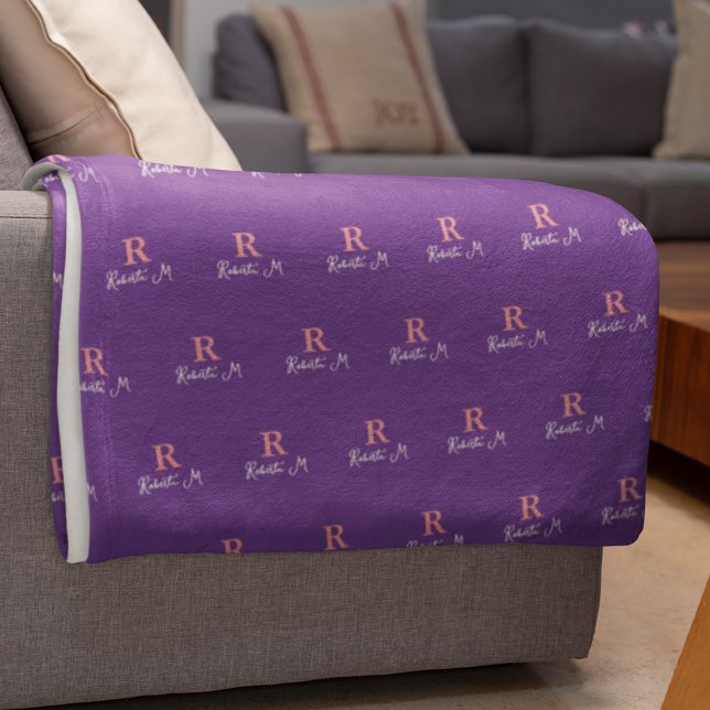 R *custom* Pink Monogram stamped allover Purple Fleece Blanket (Creator Uploaded)