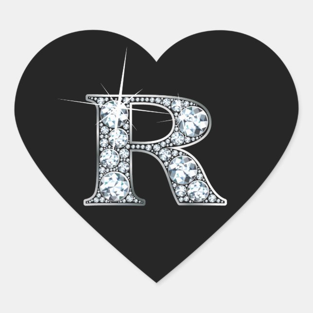 "R" Diamond Bling on Black Heart Sticker (Front)