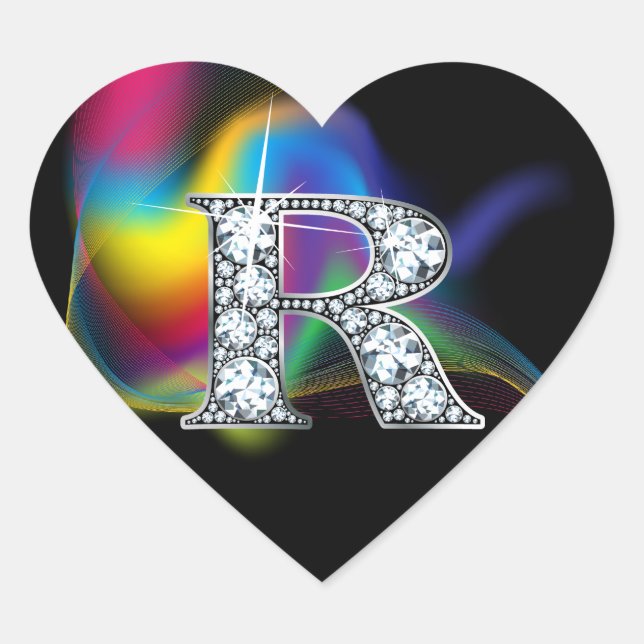 "R" Diamond Bling on Rainbow Swirl Heart Sticker (Front)