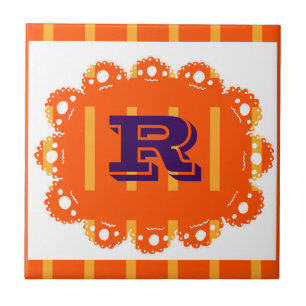 R for Retro customisable orange Ceramic Tile