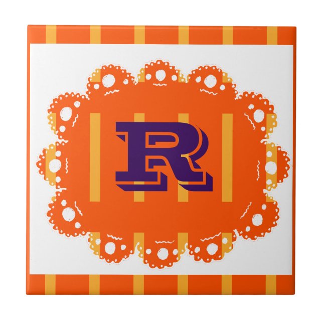 R for Retro customisable orange Ceramic Tile (Front)
