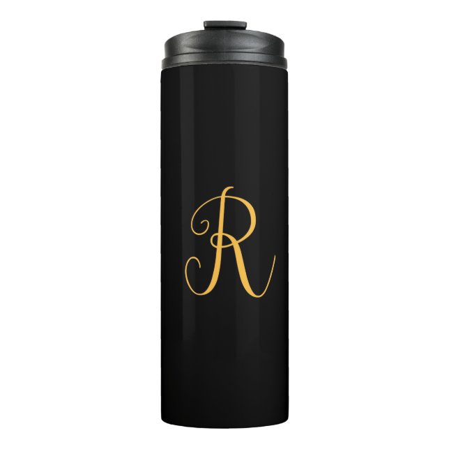 R gold on black background thermal tumbler (Front)