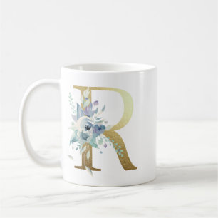 R, golden initial with blue floral foliage coffee mug