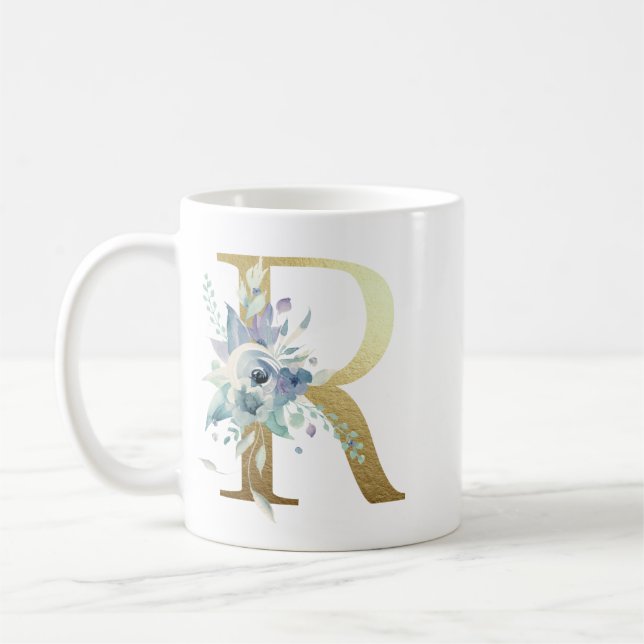 R,  golden initial with blue floral foliage coffee mug (Left)
