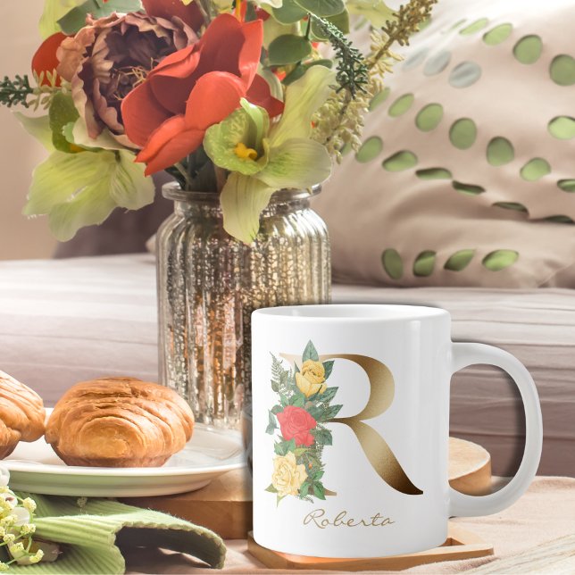 R Letter Gold Monogram Yellow Red Roses Floral Large Coffee Mug (Creator Uploaded)