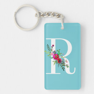 R Letter Initial Monogram Floral Custom Colour Key Ring