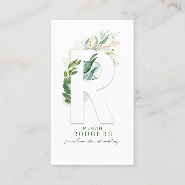 R Letter Monogram Gold Greenery Leaves Elegant Business Card (Front)