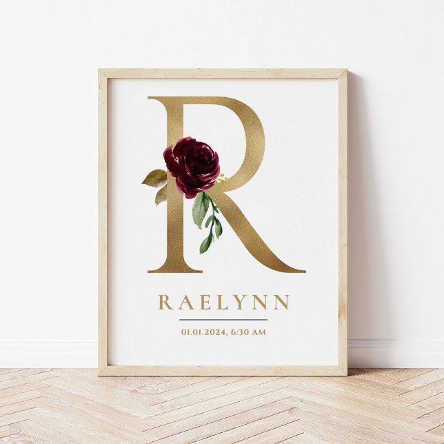 R Letter Monogram Name Marsala Floral Nursery Poster (Creator Uploaded)