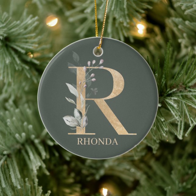 R Monogram Floral Personalised Ceramic Ornament (Tree)