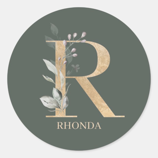 R Monogram Floral Personalised Classic Round Sticker (Front)