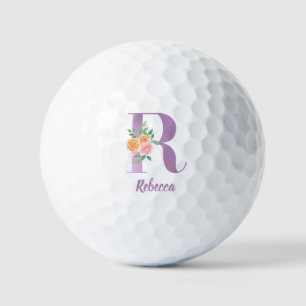 R Monogram Purple Floral Watercolor Personalised Golf Balls