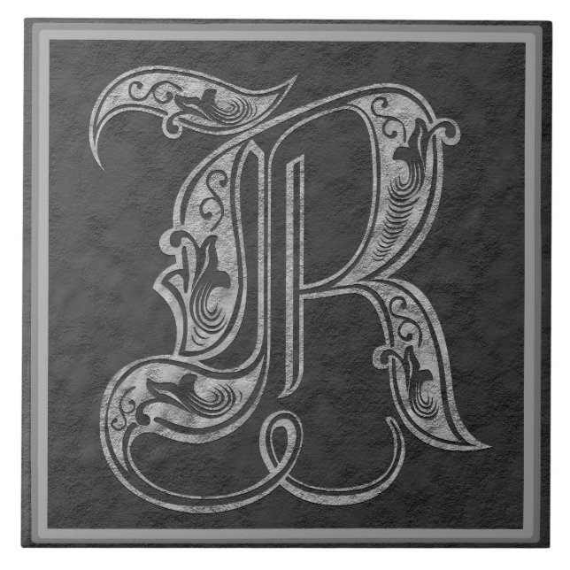 R Monogram "Royal Grey Stone" Ceramic Tile (Front)