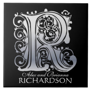R Monogram "Silver Lace on Black" with Names Tile