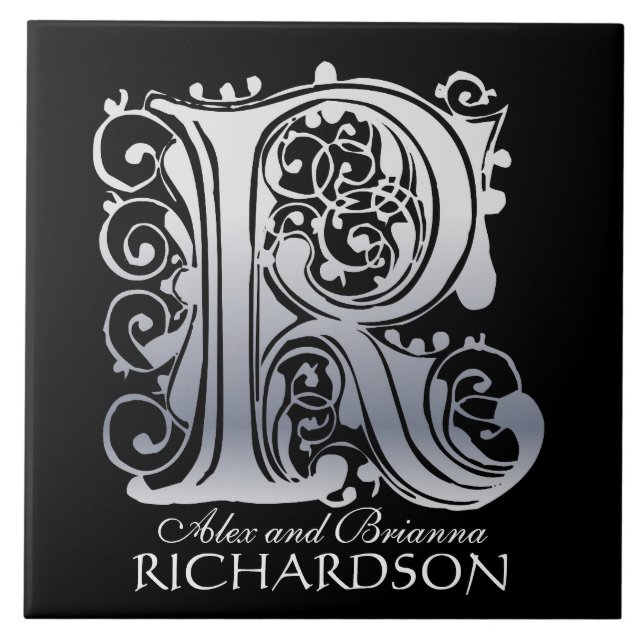 R Monogram "Silver Lace on Black" with Names Tile (Front)