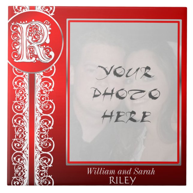R Monogram "White Lace on Red" with Photo - Tile (Front)