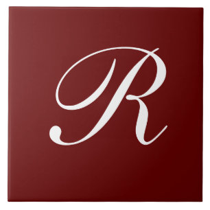 R Monogram, White on Dark Red, Ceramic Tile