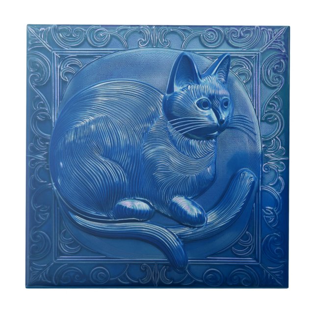 R Navy Blue faux relief Art Nouveau Cat Ceramic Tile (Front)