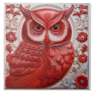 R red faux relief Art Nouveau Owl Ceramic Tile