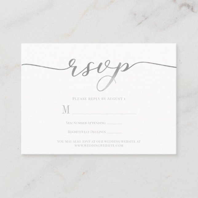 R.S.V.P. Wedding Reply Enclosure Silver Script Business Card (Front)