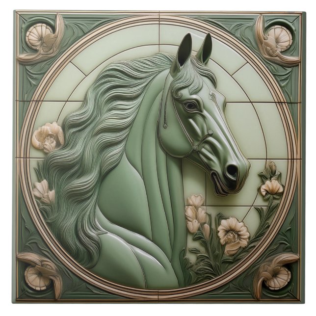 R Sage green faux relief Art Nouveau Horse Head Ceramic Tile (Front)