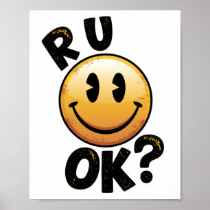 R U Ok Vintage Smiley Face Mental Health Sticker  Poster