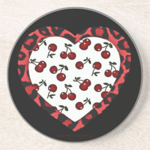 RAB cherries Leopard Print Heart Rockabilly Coaster