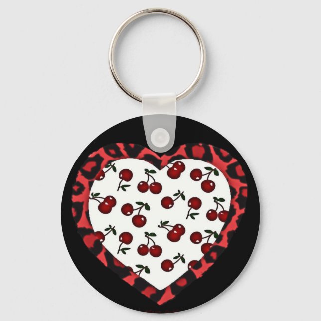 RAB cherries Leopard Print Heart Rockabilly Key Ring (Front)