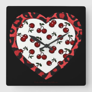 RAB cherries Leopard Print Heart Rockabilly Square Wall Clock