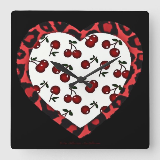 RAB cherries Leopard Print Heart Rockabilly Square Wall Clock (Front)
