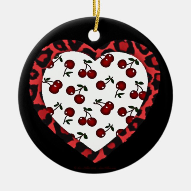 RAB Rockabilly Cherries Leopard Print Heart Ceramic Ornament (Front)